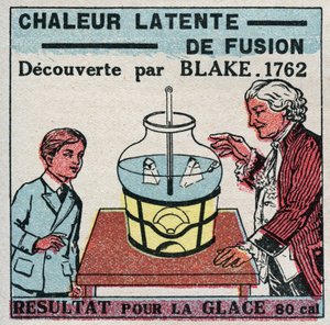 Calorimétrie : la chaleur latente de fusion découverte par Joseph Black (1728-1799) en 1761-1762. Résultat pour la glace. Illustration anonyme de 1925. Collection privée. - Anonymous Anonymous