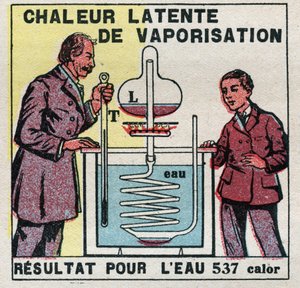 Calorimétrie : la chaleur latente de vaporisation mesurée par le calorimètre de Marcellin Berthelot (1827-1907). Illustration anonyme de 1925. Collection privée