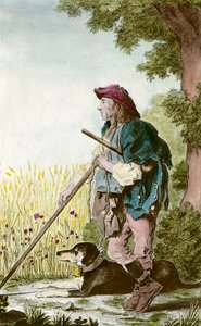 Caractère de la garde récolte : un paysan surveillant les champs avec son chien (estampe du 18e siècle, collection privée)