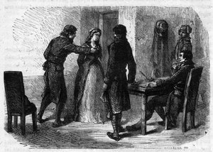 Charlotte Corday (1768-1793) interrogée par François Chabot (1756-1794) - Gravure dans « Histoire des Girondins » par Alphonse de Lamartine (1790-1869) 1865-1866. Collection privée - Anonymous Anonymous
