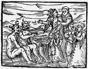 Enfant admis au sabbat pour la première fois - "Compendium Maleficarum", traite des sorcières, de leurs maux et de leurs sortilèges par Francesco Maria Guazzo ou Guaccio ou Guaccius (15?? -16??) 1608 Collection Privée