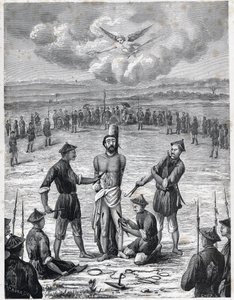 Persécution chrétienne : le prêtre missionnaire français Joseph Marchand a subi le "supplice des cent plaies" en Cochinchine le 30 novembre 1835. Gravure dans "Les Missions Catholiques au XIXe Siècle" par Louis-Eugène Louvet. Collection privée. - Anonymous Anonymous