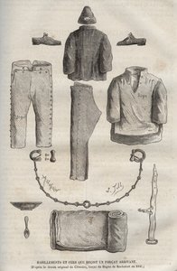Vêtements et fers reçus par un forçat arrivant au bagne de Rochefort au XIXe siècle (d
