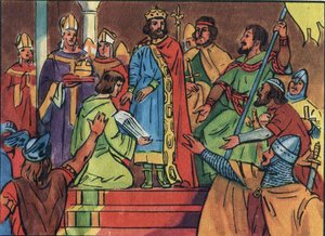 Couronnement de Hugues Capet (941-996) à Noyon en 987, par Adalbéron (ca. 925-990), archevêque de Reims. Ce couronnement marqua le début de la dynastie des Capétiens, rois de France qui régnèrent, directement ou indirectement, pendant 8 ans. Illustration a