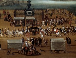 Cortège passant devant la statue de Henri IV sur le Pont Neuf à Paris au XVIIe siècle (détail)