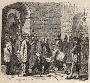 Couplage au bagne de Rochefort au XIXème siècle. Gravure dans « Histoire des bagnes depuis leur création à nos jours » (1877) par Pierre Zaccone. Collection privée.