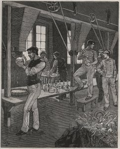 Atelier de graveurs sur cristal en France au XIXe siècle. Gravure de 1885 dans « Les arts et métiers illustrés » par Adolphe Bitard