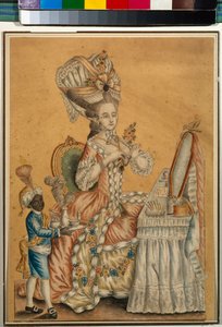 Dame à sa table de toilette avec un garçon noir qui la sert