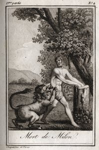 Mort de Milon de Crotone dévoré par un loup. Gravure de 1819 dans "Lettres à Emilie sur la mythologie" par Charles Albert Demoustier (1760-1801). Collection privée.