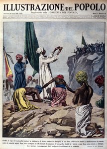 Manifestation dirigée par le leader politique Mohandas Karamchand Gandhi (1869-1948) pour protester contre les autorités anglaises, représentant une cérémonie lors de la marche des martyrs vers Jalaipur. Illustration tirée de « L