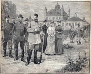 Parti pour la chasse, le tsar Nicolas II de Russie (1868-1918) à Fredensborg, Danemark. Gravure dans "Le Petit Parisien" 1893 - Anonymous Anonymous