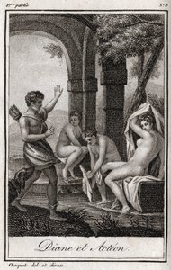 Diane et Actéon. Diane surprise au bain par le chasseur Actéon. Gravure de 1819 dans « Lettres à Émilie sur la mythologie » de Charles Albert Demoustier (1760-1801). Collection privée.