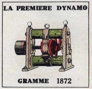 Dynamo: la première dynamo inventée par Zénobe Théophile Gramme (1826-1901) en 1872. Illustration anonyme de 1925. Collection privée. - Anonymous Anonymous