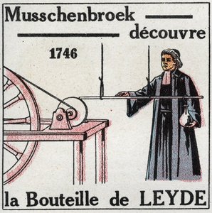 Condensateurs électriques : Pieter van Musschenbroek (1692-1761) a découvert la bouteille de Leyde, ancêtre du condensateur, en 1746. Illustration anonyme de 1925. Collection privée.