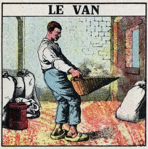 Outillage électrique : le van ou panier en osier utilisé pour essuyer le grain avant l