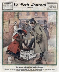 Jeunes filles élégantes, leur visage caché derrière un masque, cirent les chaussures des passants londoniens pour collecter des fonds pour les hôpitaux anglais. Illustration tirée de "Le petit journal illustré" du 06/11/1921