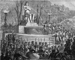 Fête de la nouvelle constitution (29 thermidor an I ou 10 août 1793) - La Fontaine de la Régénération sur les débris de la Bastille (10 août 1793) - Gravure dans « Histoire des Girondins » par Alphonse de Lamartine (1790-1869) 1865-1866 - Collection privée - Anonymous Anonymous