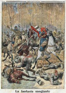 Première Guerre mondiale 1914-1918 : « La Fantaisie sanglante ». Dans les bois, une troupe de trente uhlans (cavaliers allemands avec une lance) combattue par huit spahis algériens victorieux. Gravure dans « Le Petit Journal », le 28/11/1915. Collection pr - Anonymous Anonymous