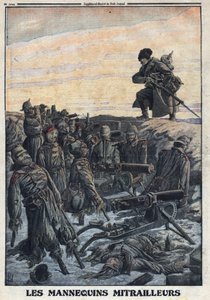 Première Guerre mondiale 1914-1918. Des soldats allemands utilisent des mannequins dans les tranchées avec des mitrailleuses pour tromper l