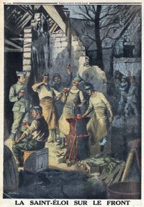 Première Guerre mondiale 1914-1918. Célébration de Saint Eloi des soldats au front. Ils boivent tous un verre de vin rouge pour la fête. Dans 