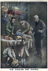 Première Guerre mondiale 1914-1918. Cadeau de Noël : Les enfants reçoivent et déballent les colis envoyés par leur père sur le champ de bataille la veille de Noël. Dans « Le Petit Journal », le 24/12/1916. Collection privée - Anonymous Anonymous