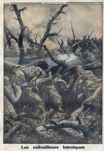 Première Guerre mondiale 1914-1918. Mitrailleurs français tirant sur des militaires allemands attaquants. Dans « Le Petit Journal », le 9/04/1916. Collection privée - Anonymous Anonymous