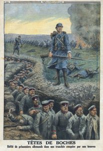 Première Guerre mondiale 1914-1918. « Têtes de pont » : défilé de prisonniers allemands dans une tranchée conquise par les troupes de l