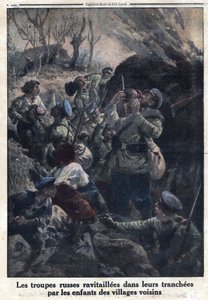 Première Guerre mondiale 1914-1918. Les troupes militaires russes ravitaillées dans leurs tranchées par des enfants des villages voisins. Dans "Le Petit Journal", le 02/04/1916. Collection privée - Anonymous Anonymous