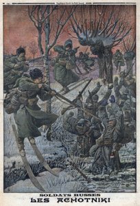 Première Guerre mondiale 1914-1918. Soldats russes Ahotniki sur des skis tirant sur des soldats allemands. Dans 