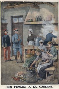 Première Guerre mondiale 1914-1918. Femmes préparant de la nourriture dans les cuisines des casernes. Trois chefs dans la corvée de pommes de terre, épluchant les pommes de terre. Dans 