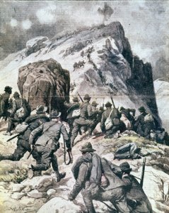 Première Guerre mondiale : chasseurs alpins italiens escaladant le sommet du Cauriol, Alpes italiennes, 1916. Illustration de « La domenica del corriere » - Anonymous Anonymous