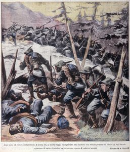 Première Guerre mondiale : chasseurs alpins italiens reprenant aux ennemis le Pal Piccolo, Alpes italiennes 1916 Illustration de « La domenica del corriere » - Anonymous Anonymous