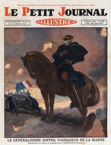 Première Guerre mondiale : portrait du général Joseph Joffre (1852-1931) à cheval, représentant le vainqueur sur le champ de bataille de la Marne (septembre 1914) Illustration d