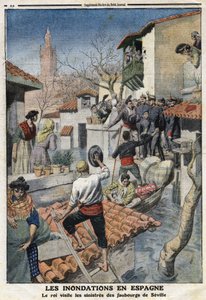 Inondations en Espagne : le roi Alphonse XIII (1886-1941) visite les banlieues sinistrées de Séville. Gravure dans « Le Petit Journal » du 25/02/1912. Collection privée - Anonymous Anonymous