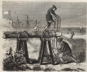 Forçats scieurs du pénitencier Saint-Laurent à Cayenne au XIXe siècle. Gravure dans « Histoire des bagnes depuis leur création à nos jours » (1877) par Pierre Zaccone. - Anonymous Anonymous