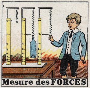 Forces : utilisation de ressorts appelés dynamomètres pour mesurer les forces. Illustration anonyme de 1925. Collection privée.