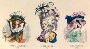 De gauche à droite : Chapeau à la marinière en 1787 ; Grande coiffure en 1785 et chapeau bonnette en 1786 - Anonymous Anonymous