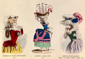 De gauche à droite : Déshabillé du matin appelé Pierrot en 1787 ; Coiffure à la Belle Choule en 1780 ; Chapeau et robe à grand ornement turc en 1786 - Anonymous Anonymous