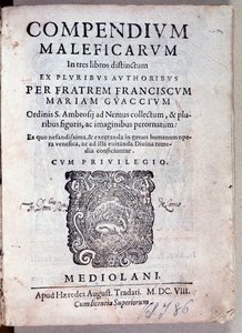 Frontispice du Compendium maleficarum par Guazzo sur la démonologie et la sorcellerie (Gravure)