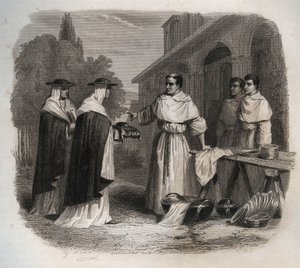 Giovanni da Fidanza connu sous le nom de Bonaventure (vers 1217-1274) (Saint Bonaventure) reçoit le chapeau de cardinal. Gravure de 1846 dans « Vies des saints ». Collection privée. - Anonymous Anonymous