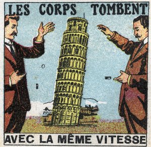 Gravité : les corps tombent à la même vitesse. Utilisation de la tour de Pise pour illustrer les lois de la chute des corps. Illustration anonyme de 1925. Collection privée. - Anonymous Anonymous
