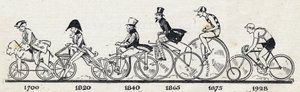 Histoire de la bicyclette : différents modèles de vélos de 1700 à 1928. Gravure dans « Le Petit Journal Illustré»