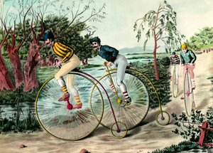 Histoire de la bicyclette : course de grand bi (grand bi). Gravure du 20e siècle. Collection privée