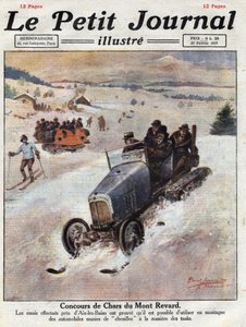 Innovation sur les voitures en montagne, des chenilles sont placées sur les roues pour éviter les dérapages. Illustration tirée de "Le petit journal" du 27/02/1921 - Anonymous Anonymous