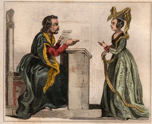 Jehan Pastoret (1328-1405), président du Parlement de Paris sous le règne de Charles V avec une noble dame, portant un liripion. Gravure de 1859 dans Le Monde. Histoire de tous les peuples depuis les temps les plus reculés jusqu
