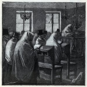Fêtes juives : fidèles pendant la prière dans un oratoire pendant les fêtes. Gravure dans « Le monde illustré » de 1892. Collection privée.