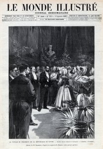 Voyage de Sadi Carnot (1837-1894) en Savoie : le Président de la République est accueilli à Chambéry par des jeunes filles lui offrant un bouquet de fleurs. Gravure dans « Le monde illustré » de 1892. Collection privée. - Anonymous Anonymous