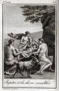 Jupiter enfant nourri par la chèvre Amalthée. Gravure de 1819 dans "Lettres à Emilie sur la mythologie" par Charles Albert Demoustier (1760-1801). Collection privée.