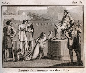 LUCIUS JUNIUS BRUTUS condamne ses propres fils à mort pour complot visant à restaurer les Tarquins, les rois expulsés de Rome, 509 av. J.-C. - Gravure tirée de « Le Rollin de la Jeunesse ou Morceaux Choisis des Histoires Anciennes et Romaines » 1816 - Coll - Anonymous Anonymous