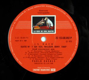 Étiquette du disque 33 tours (disque vinyle) de la marque « EMI la voix de son maître » par Pablo Casals interprétant les 6 suites pour violoncelle de Jean-Sébastien Bach (Johann Sebastian Bach)